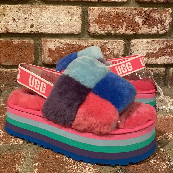 NWOT UGG Pastel Disco Checkered Slide Rainbow Blue Platforms - Picture 2 of 6